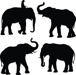 Silhouette elephants with raised trunks and mahout rider in multiple poses – black and white minimalist wildlife art, African savanna-inspired vector illustration