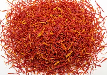 Naklejka premium A close up view of a pile of vibrant red saffron threads on a plain white background showing texture