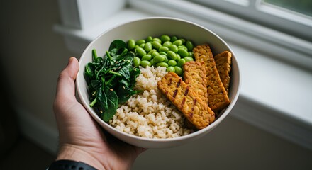 Holding Healthy Grain Bowl with Tempeh, Edamame, and Spinach Near Window