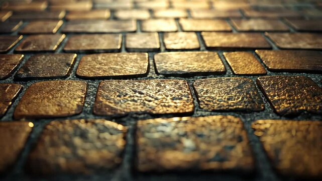 Sunlit cobblestone pavement, showcasing textured, reddish-brown stones set in dark mortar.  Perspective emphasizes depth