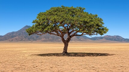 Fototapeta premium Lone Tree in Arid Desert Landscape Under Blue Sky
