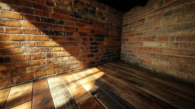Sunlit corner in a room with exposed brick walls and wooden floor