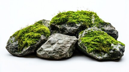 Group of irregular moss-covered rocks with damp soil on white background.