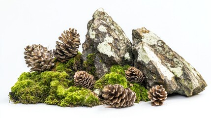 Group of jagged moss-covered rocks with small pinecones on white background.