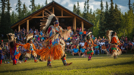 A lively scene at the Eeyou Istchee Wildlife Festival in Canada, set against the serene backdrop of the northern wilderness