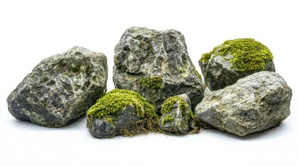 Group of moss-covered sandstone rocks with tiny roots on white background.