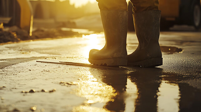 Person in Rubber Boots Standing in Wet Puddle at Sunset - Powered by Adobe