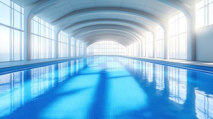 Fototapeta premium Spacious indoor pool area with large windows.