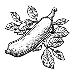 Hand-drawn illustration of a carob pod with leaves.