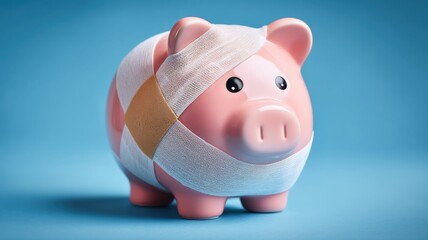 Financial trouble budget. Piggy bank wrapped in bandages, symbolizing financial recovery and protection.