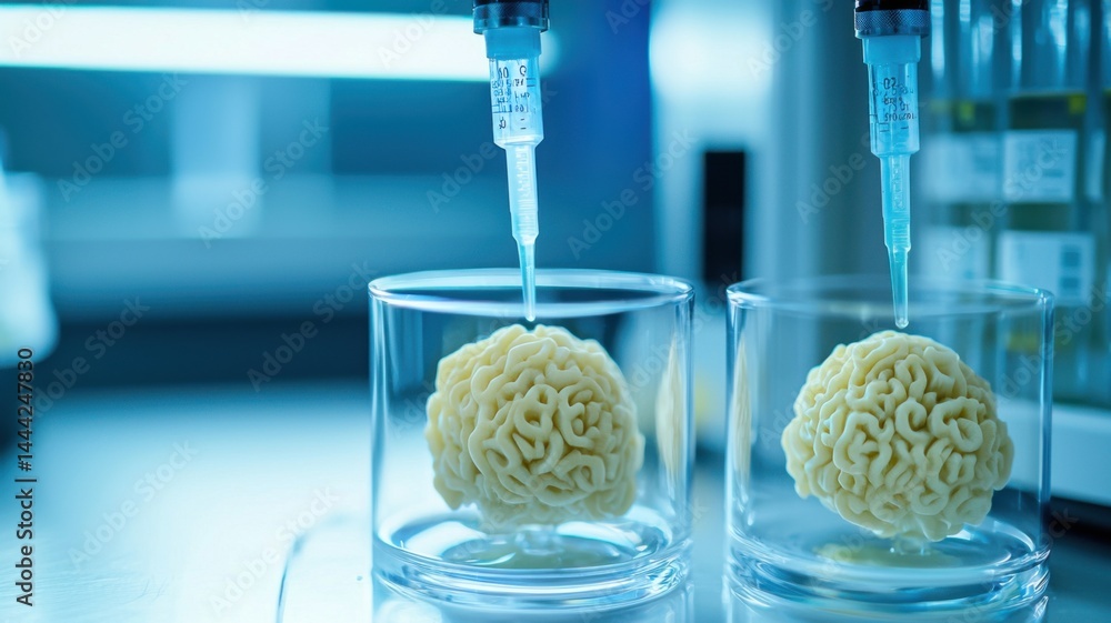 Poster two artificial brains in glass containers are being treated with pipettes in a laboratory setting.