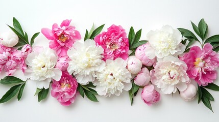 Group of pink and white peonies on white background.