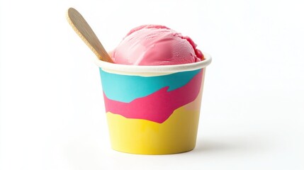 Single scoop of pink ice cream in colorful paper cup with wooden spoon.