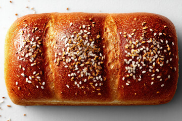 Artisan sesame bread: A close-up view of a fresh, golden-brown loaf of artisan bread, adorned with sesame seeds, evoking the warmth and comfort of a delightful baked good. 