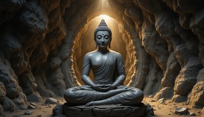 Buddha Statue Meditating in Cave with Sunlight