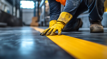 Fototapeta premium Worker Installing Yellow Safety Line on Industrial Floor