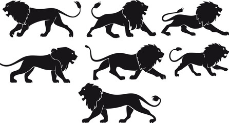 Naklejka premium Stylized Monochrome Lion Silhouettes in Various Dynamic Postures – Walking, Roaring, and Standing Lions in a Repeating Pattern for Safari and African Animal Motifs
