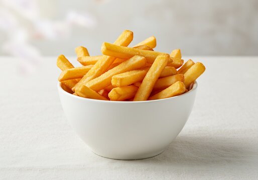 Bol de frites dor&eacute;es lumi&egrave;re douce ambiance chaleureuse. AI Generated