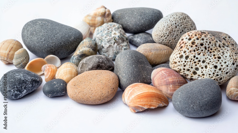 Poster group of round pebbles with scattered shells on white background.