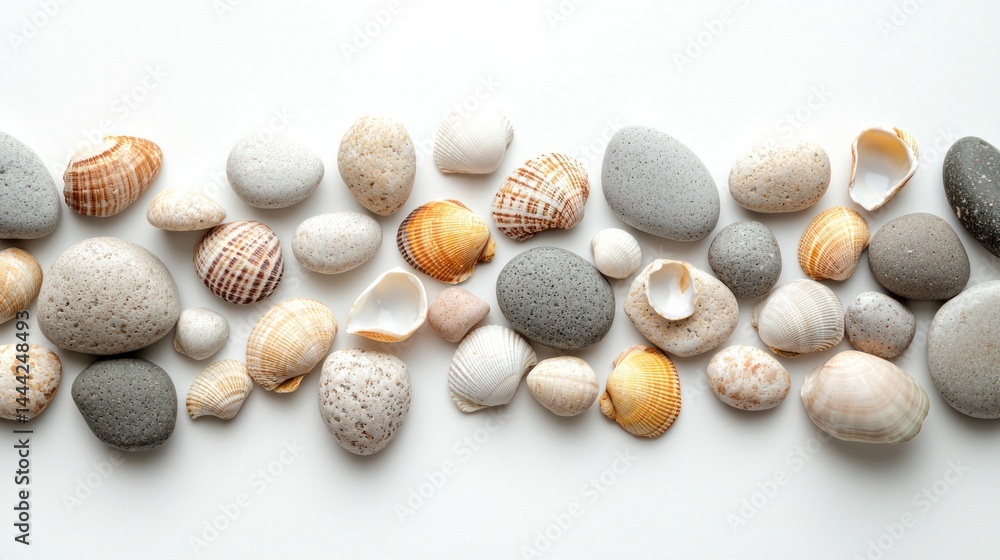 Poster group of round pebbles with scattered shells on white background.