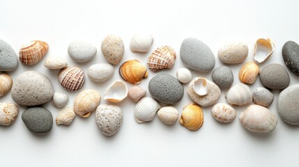 Group of round pebbles with scattered shells on white background.