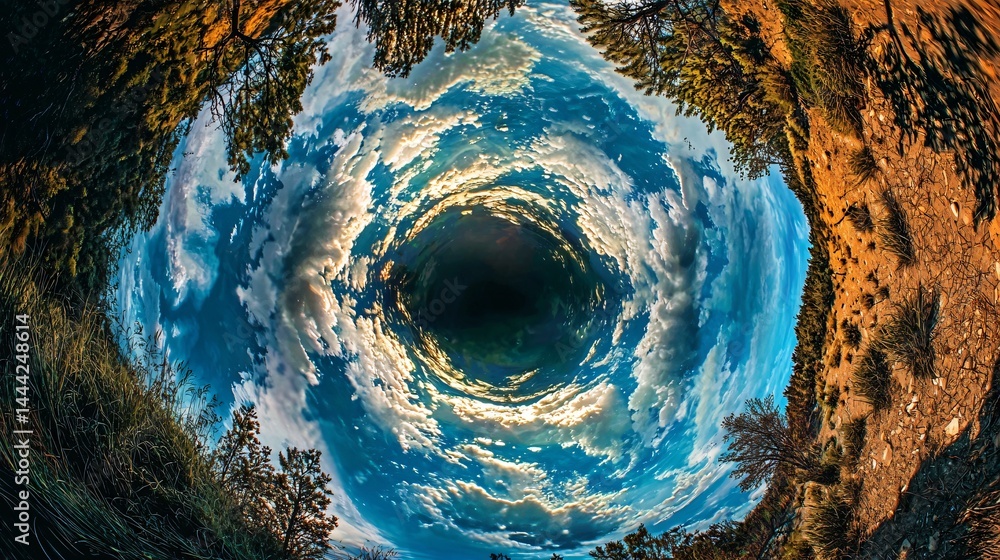 Poster circular hole in the ground captured with dramatic contrast and cosmic elements using a fisheye lens
