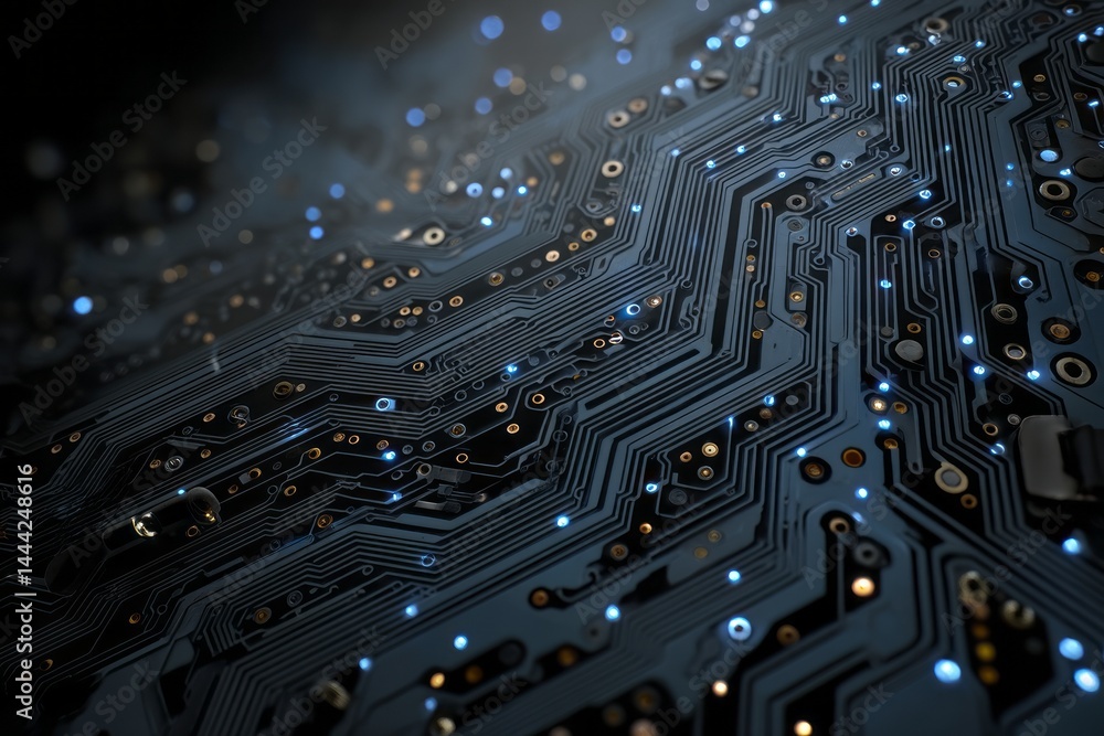 Poster a close up of a circuit board with many small blue lights. digital background concept.