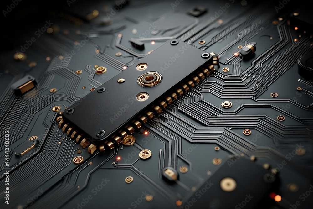 Poster a close up of a computer chip with a gold colored surface. digital background concept.