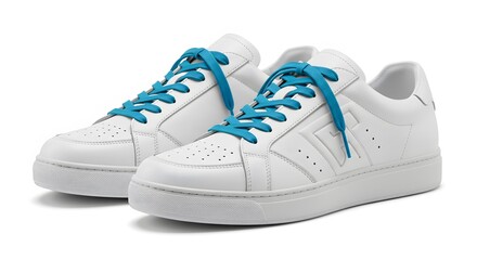 A pair of white leather sneakers with bright blue laces displayed on a white background surface