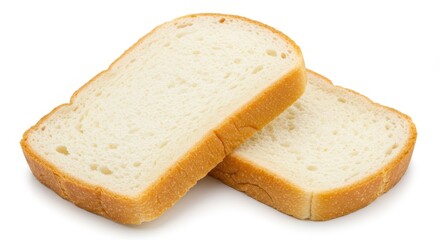 Two slices of white bread stacked on each other on a plain white background in a studio shot