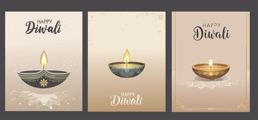 Vector Illustration of Diwali Celebration with Traditional Oil Lamps and Decorative Diya Candles – Elegant Hindu Festival of Lights Design Featuring Golden Ornate Patterns

