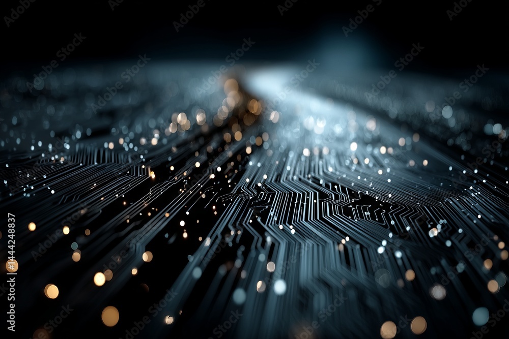 Poster a computer chip is shown in a black and white photo with a lot of small dots. digital background con