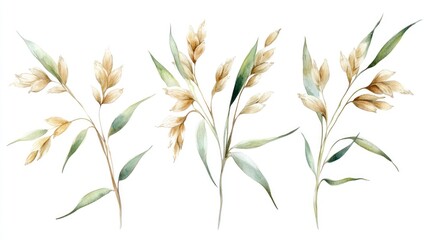 Watercolor painting of three oat sprigs with beige seed heads and green leaves on white background.