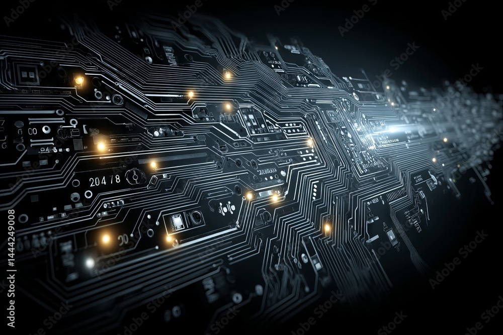 Poster a computer chip with many small lights on it. digital background concept.