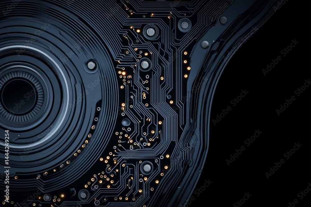 Poster a close up of a circuit board with many small black and orange dots. digital background concept.