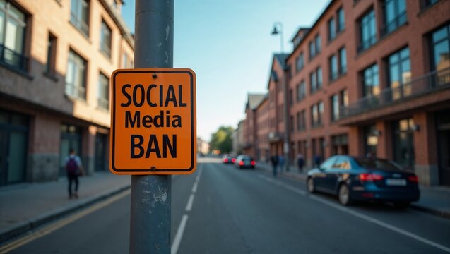 Social media ban sign, serious mood, in urban setting with blurred street background
