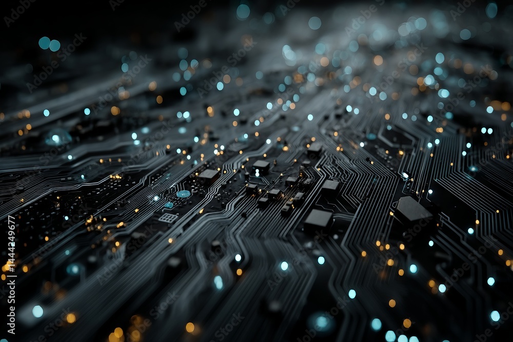 Poster a computer chip with a lot of small lights on it. digital background concept.