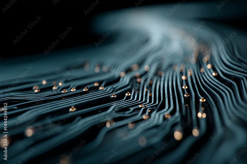 Poster a computer chip is shown in a close up with many small dots on it. digital background concept.