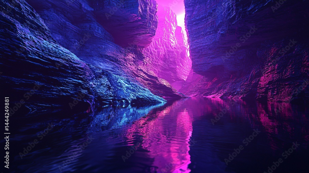Poster serene river meandering through a hidden cave with enigmatic reflections captured in a soft ambient 