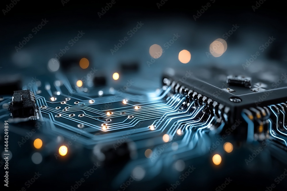 Aufkleber a computer chip is shown with a blue background and a lot of lights. digital background concept.