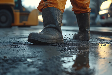 Construction Worker Walking in Mud