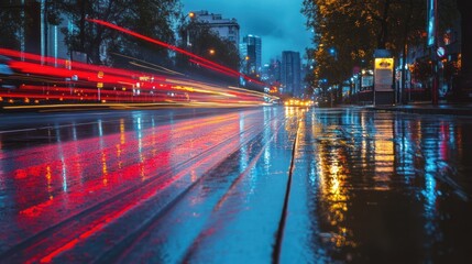 Obraz premium City Night Lights Rain Reflections
