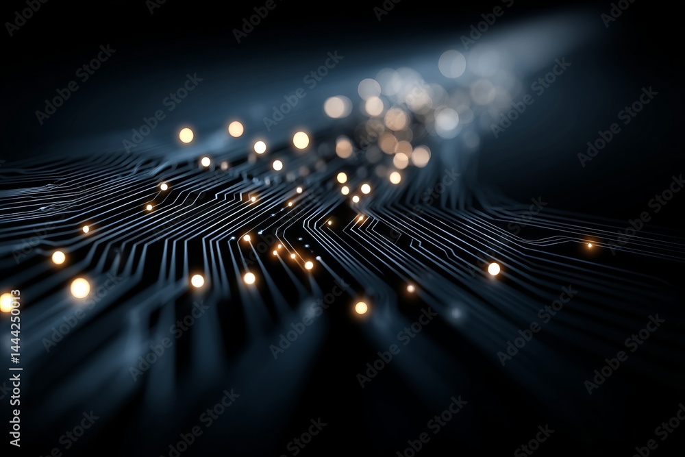 Poster a black and white image of a circuit board with many small glowing dots. digital background concept.