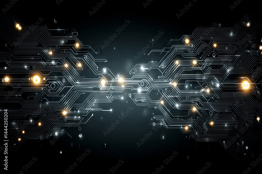 Poster a computer chip with many small lights on it. digital background concept.