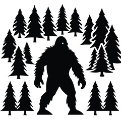 Fototapeta premium Epic Bigfoot Silhouette Vector Collection Featuring Forest, Mountain, and Mythical Cryptid Scenes in Minimalist Black Style
