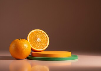 Oranges juteuses sur podium clair lumière douce. AI Generated