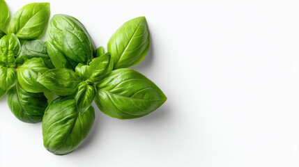 Fototapeta premium Fresh basil leaves arranged in a corner on a white background. Close-up view of vibrant green leaves
