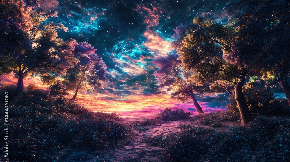 Aufkleber serene pathway winding through a lush forest creating a dreamlike and surreal experience enhanced by