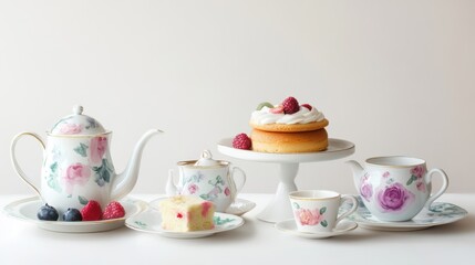 Watercolor illustration of British afternoon tea,tea break in the English style,tea set with Afternoon tea stand with macaroons and scone,cake,cup of tea,Tea time dessert table,vintage style.