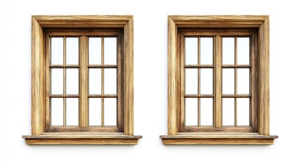 Obraz premium Group of two wooden windows with light brown finish and simple trim on white background.
